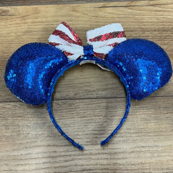 Disney Minnie Mouse Patriotic Sequin Ears • Headband Red White Blue Star Stripe - Picture 5 of 6